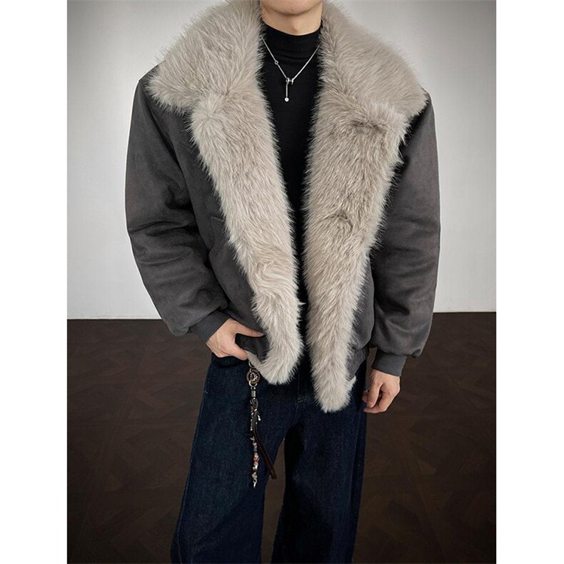 现货重磅硬挺boxy羽绒棉衣座山雕大毛毛领洗水麂皮棉服冬外套，男装棉衣，电商A486-1