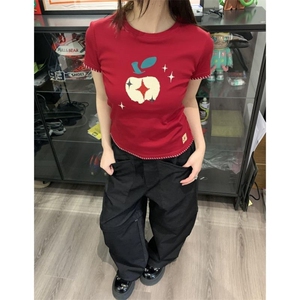 H0611-P35刺绣+毛巾绣包边拉肩短袖T恤女图片