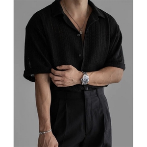 日系古巴领设计镂空薄款短袖衬衣五分袖韩版衬衫男PL106图片