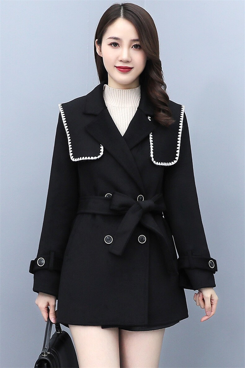 高级感毛呢外套女2021春秋季新款海军领气质女神范百搭中长款大衣,女装毛呢外套,千千佰惠