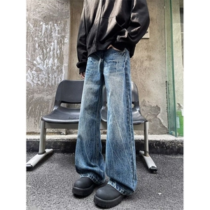 美式复古闪电裂纹牛仔裤水洗做旧vibe高街潮直筒裤高街WL8000-P43图片