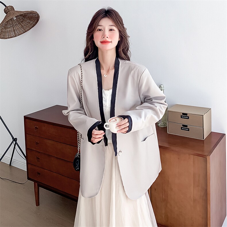 米杏色小香风西装外套女2025春季新款名媛气质休闲V领小西服爆款，女装西装，浙宝A馆126