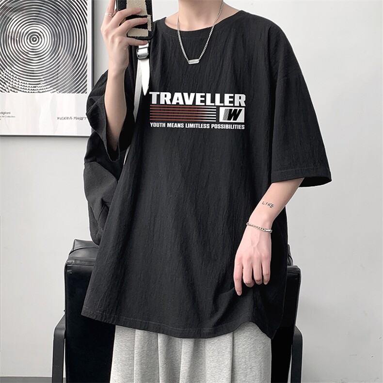 YT26359-P30 亚麻短袖t恤男大码五分袖男宽松七分袖 大皂风模特图片