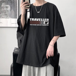 YT26359-P30 亚麻短袖t恤男大码五分袖男宽松七分袖 大皂风模特图片
