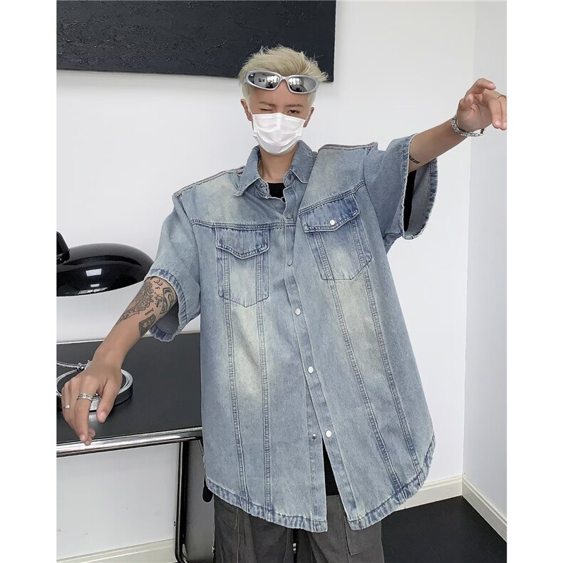 美式小众做旧条纹牛仔短袖衬衫直筒水洗垫肩夏季衬衣男M9899-p59,男装衬衫,星座1008