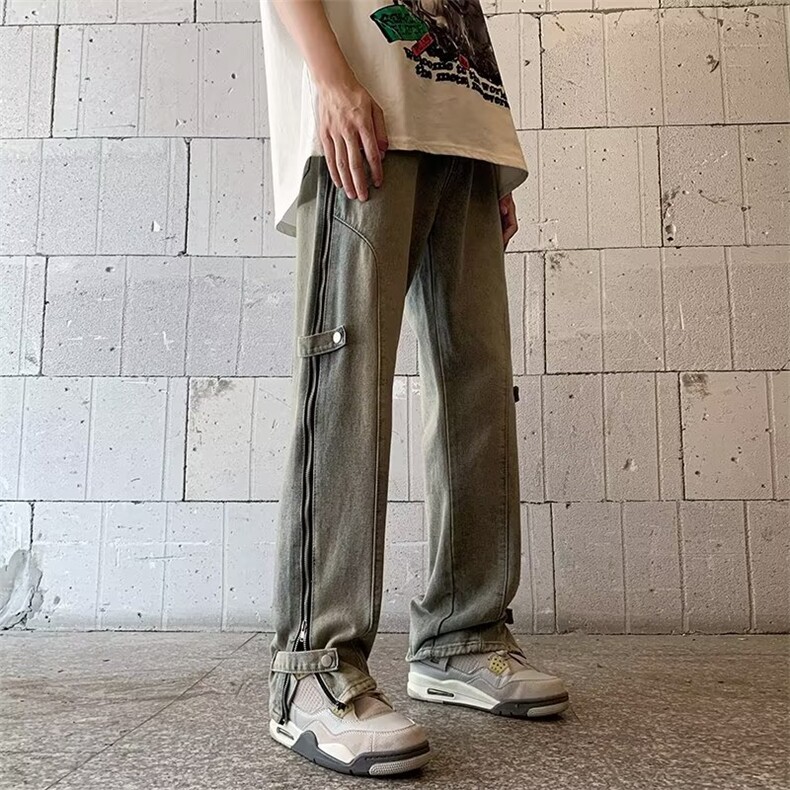 高街黄泥染牛仔裤侧拉链vibe风美式水洗直筒设计感长裤NC149-P52,男装牛仔裤,星座1008-1
