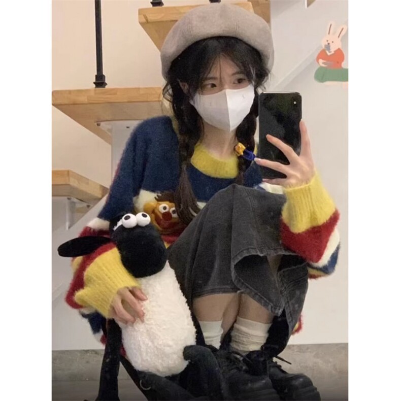 MM126-P65海马毛卡通撞色条纹圆领毛衣女秋冬慵懒风温柔软糯针织,针织衫/毛衣,星座617A-2