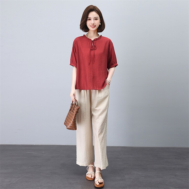 夏季新款宽松显瘦棉麻套装女短袖上衣阔腿裤两件套休闲时尚女装,女装套装/套裙,3200格调
