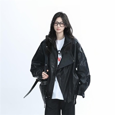 PU9152-P70美式复古重磅黑色PU皮衣外套女设计感宽松机车服夹克，男装皮衣，电商B323A