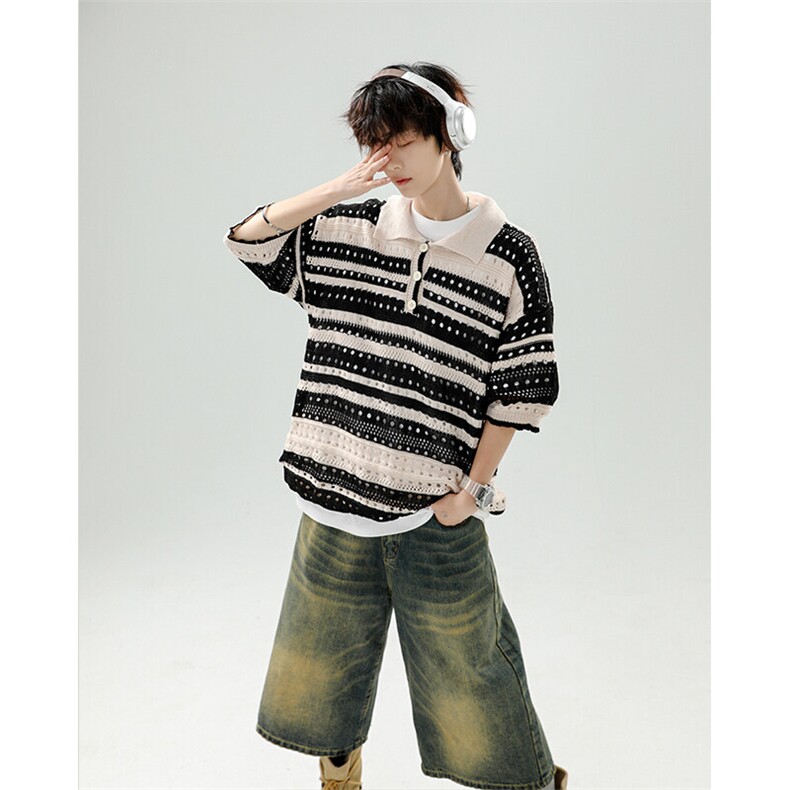 8XL-M特大码美式复古条纹撞色针织POLO衫翻领休闲短袖TDX311P35,男装T恤,电商D206-1