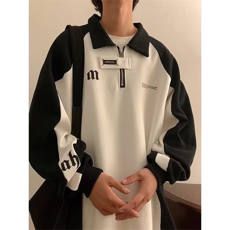 1506/QHYQ070/P39潮牌港风拼色长袖Polo衫男刺绣字母半拉链卫衣,男装Polo衫,星座1506