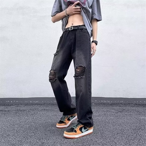 夏季新款高街破洞牛仔裤男美式潮牌直筒宽松情侣阔腿裤N2328-P40图片