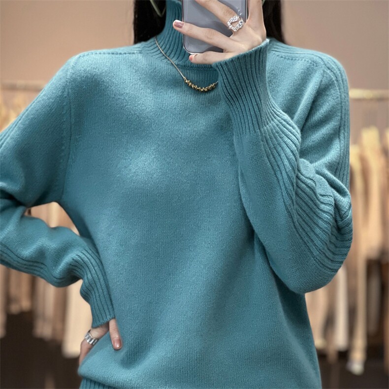 重磅加厚100羊毛衫女宽松套头时尚针织毛衣半高领打底冬装,女装羊毛衫,奢优羊绒