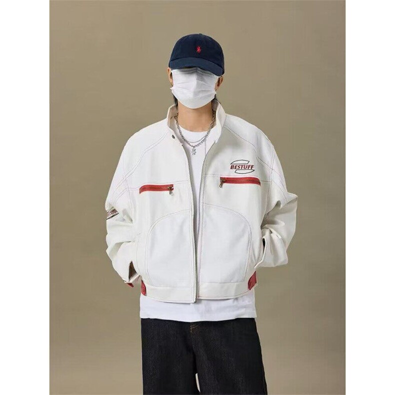 W9417-P70 网图现货 美式pu皮外套潮牌欧美机车服夹克高级感皮衣图片