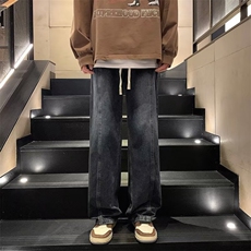 港风水洗复古牛仔裤男街头宽松阔腿裤高街潮流抽绳直筒K7418-P35，男装牛仔裤，星座512-3