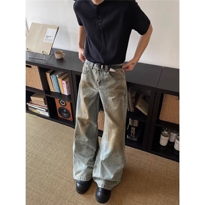 夏季美式水洗做旧脏染直筒牛仔裤男女新款复古阔腿裤FA18-P47图片