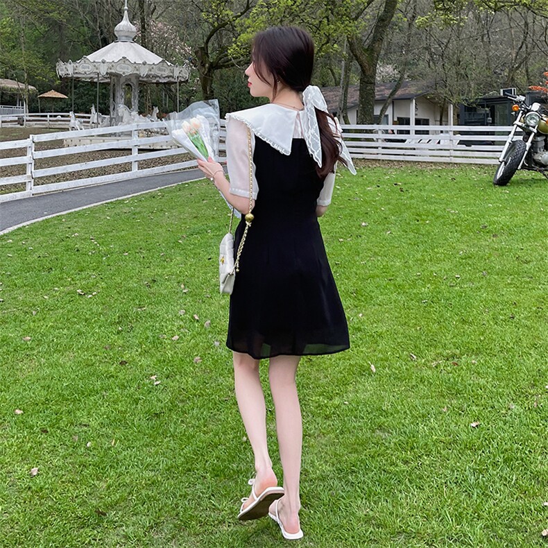 韩版学院风拼色连衣裙女2024夏季新款大尖领设计收腰气质感裙子,女装连衣裙,唯依ONLY