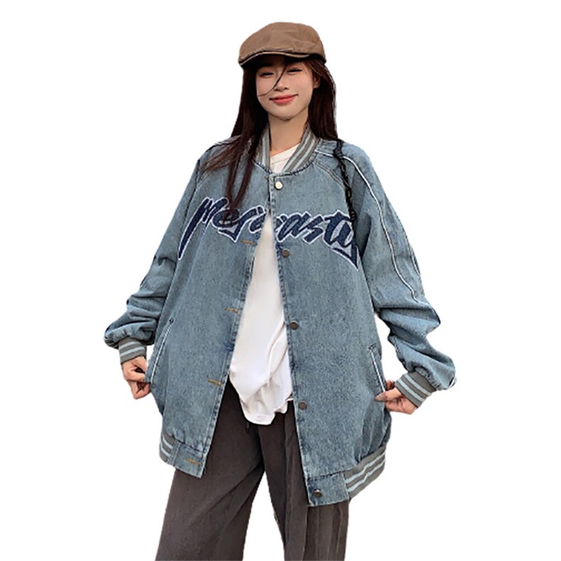 美式街头棒球服女春秋设计感潮牌复古牛仔外套宽松夹克NZ014-75,男装工装外套,星座911-3