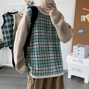 秋冬学院风小清新格子外搭毛衣背心男女宽松韩版打底衫T801图片