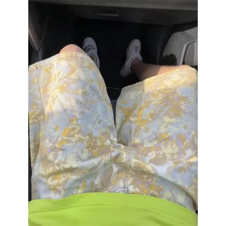 复古扎染碎花工装短裤男夏季潮胖人宽松重磅直筒五分裤N5183,男装牛仔裤,星座1116A（原606A-3）