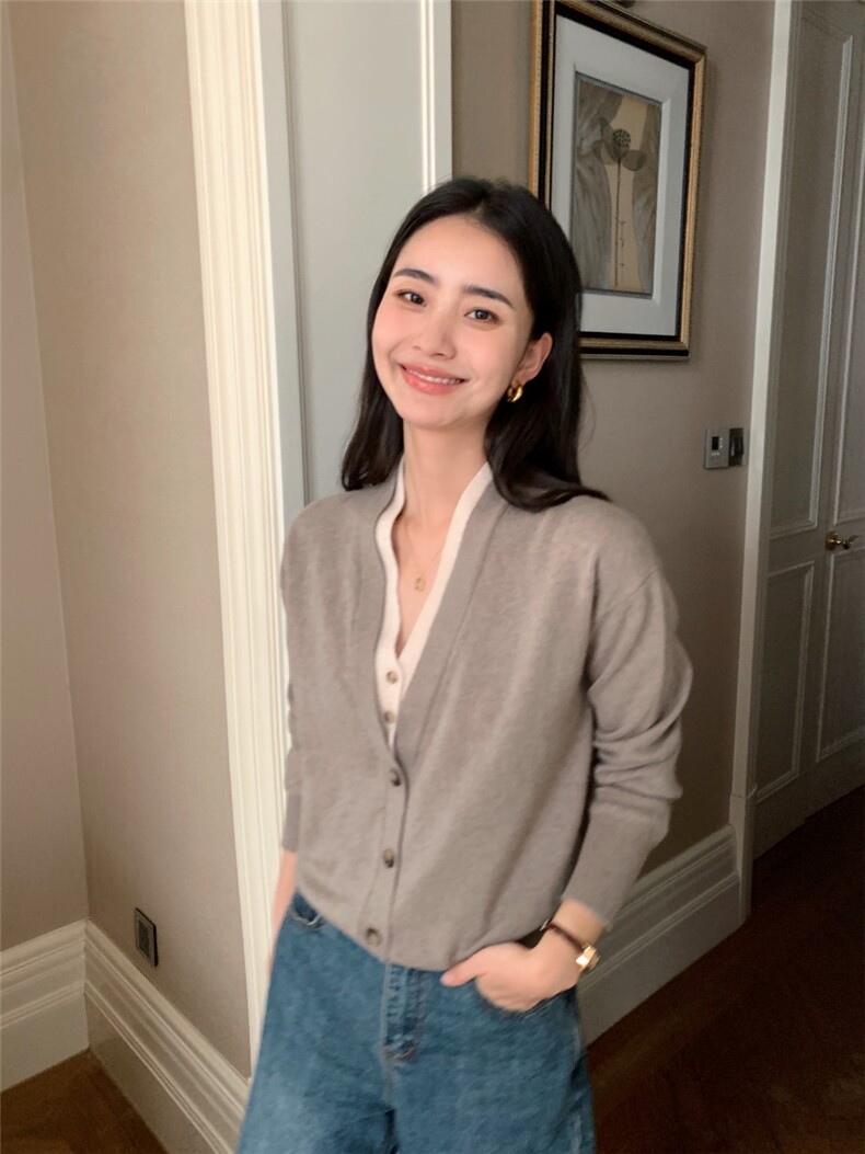 秋冬新款低v领女修身纯色开衫百搭时尚,针织衫/毛衣,玛卡隆羊绒