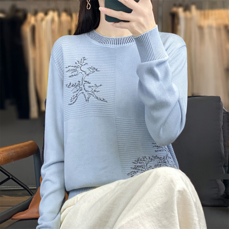 早秋时尚刺绣针织打底衫女2025新款秋季洋气大码女装上衣秋冬毛衣,针织衫/毛衣,大美人包芯纱店