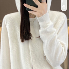 连帽针织羊毛衫女士宽松纯色亲肤毛衣2025秋冬新款套头卫衣打底衫，女装针织衫/毛衣，德尔信羊绒