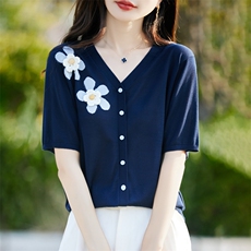 莱赛尔针织刺绣短袖T恤女开衫2025夏薄透气宽松小衫半袖t恤上衣潮，女装针织衫/毛衣，暖烁羊绒