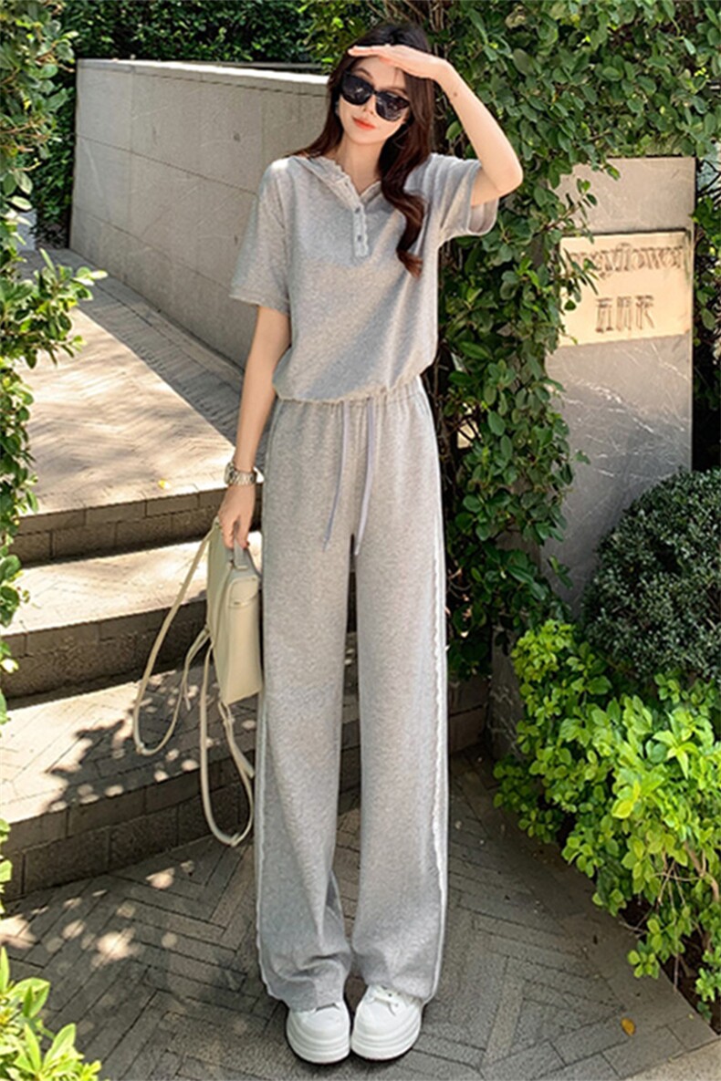 韩版时尚休闲运动套装女夏季新款蕾丝拼接连帽卫衣阔腿裤两件套潮,女装套装/套裙,2C310