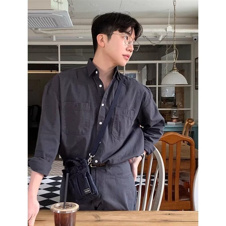 亚麻长袖衬衫男夏季薄款设计感小众浅蓝色衬衣韩系高级感防晒外套图片