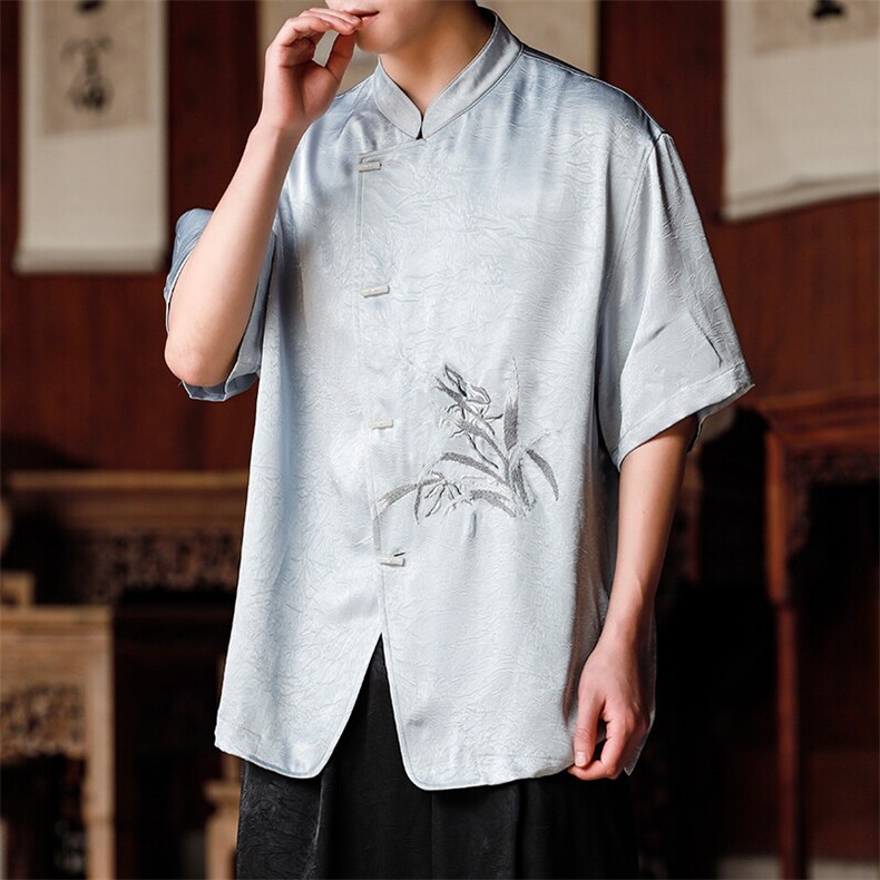 夏季新款高级感缎面抓花刺绣兰花立领衬衫短袖上衣T2521-P65控89,男装T恤,电商A021