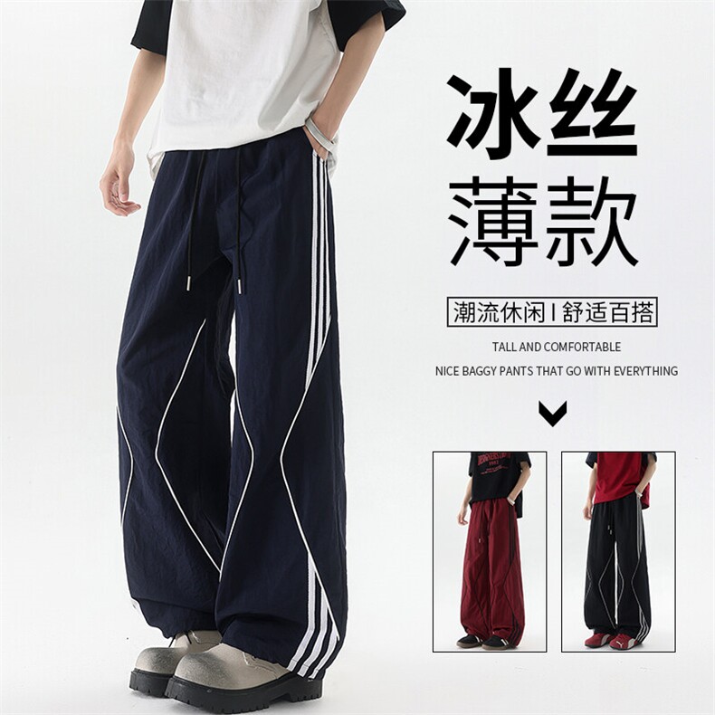 美式高街条纹裤子男夏季冰丝宽松冲锋户外工装伞兵阔腿裤KZ047P55图片