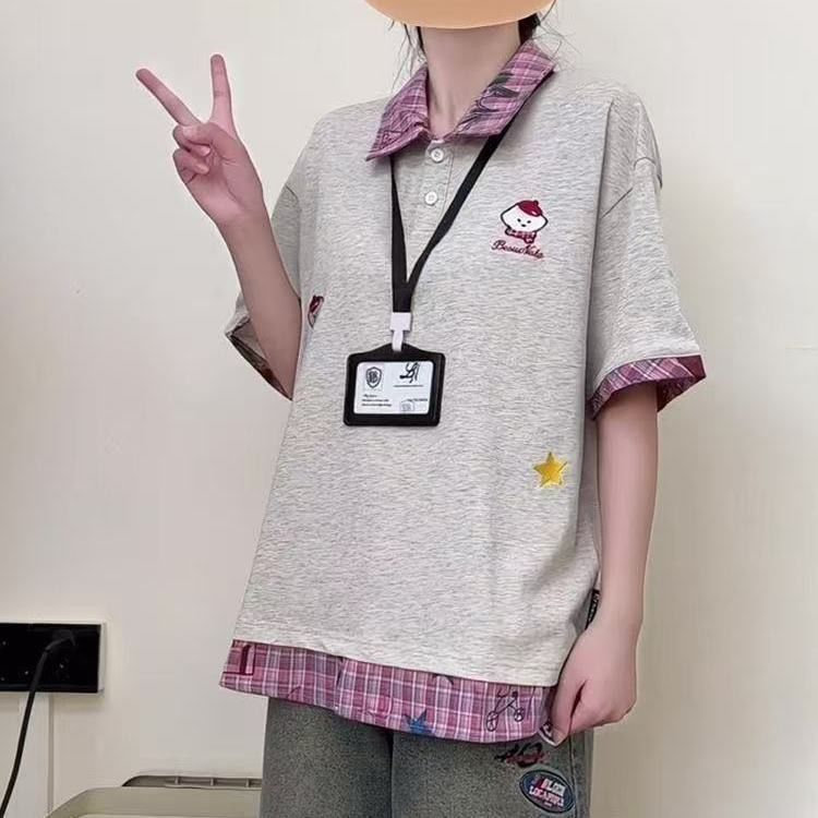H0597-P35衬衣领假两件刺绣学院风新款T恤女,女装T恤,星座617A-2