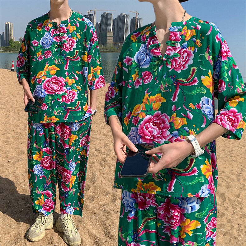 TZ340男士夏季风大花布套装大码宽松凉爽透气民族风个性外套图片