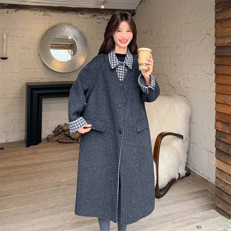 新款双面羊毛格子拼接外套766-P305-K438,女装毛呢外套,2C108