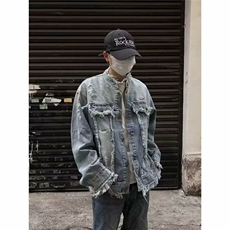 美式重工水洗做旧流苏毛边牛仔夹克男女复古潮牌休闲情侣外套上衣，男装工装外套，星座813-3
