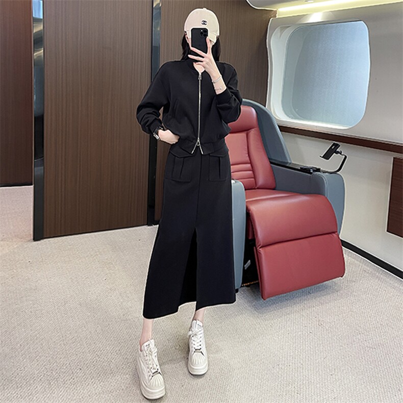 时尚优雅女士秋季短款开衫上衣开叉半身裙套装,女装套装/套裙,江南