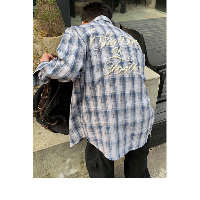 PLTH*美式高街设计感撞色格纹珍珠长袖衬衫男女百搭慵懒感衬衣ins,男装衬衫,星座506A