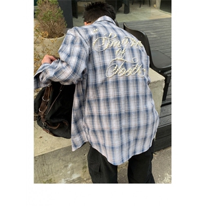 PLTH*美式高街设计感撞色格纹珍珠长袖衬衫男女百搭慵懒感衬衣ins,ins穿搭博主秋冬欧美图片