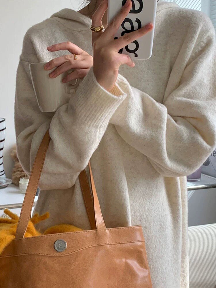 连帽毛衣女秋冬2024新款宽松慵懒风针织衫长袖连衣裙,女装连衣裙,恩泰羊绒
