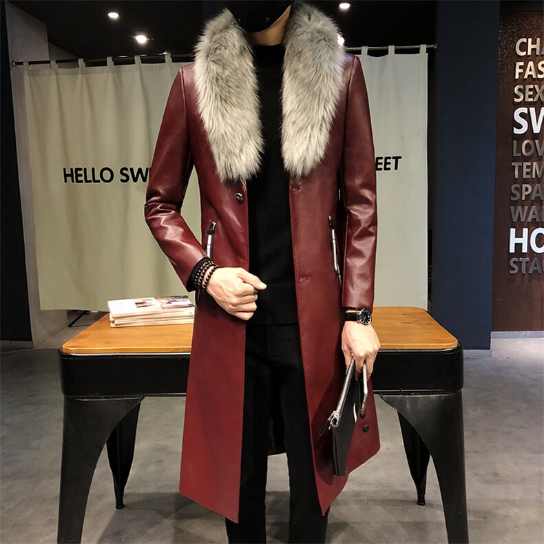 2020秋冬中长款男士皮衣青年韩版修身大码皮风衣外套A88,男装风衣,A067