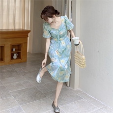 6.2设计感法式复古印花连衣裙没控价，女装连衣裙，1D102-1