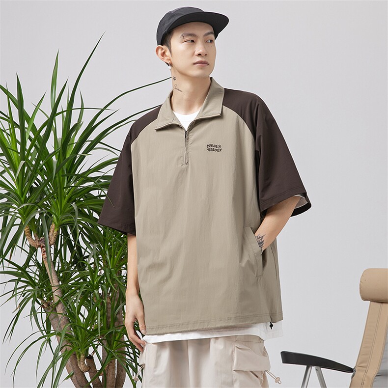 日潮OVERSIZE版|潮牌撞色插肩袖T恤半拉链工装短袖K1792-P55控88,男装T恤,电商A362