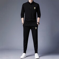 男士休闲套装秋季2023新款潮流纯色翻领长袖T恤中青年男装两件套，男装休闲套装，电商B212（原钱塘6029）