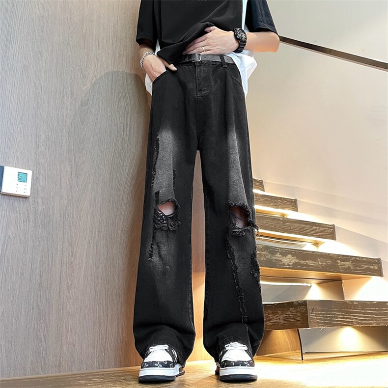 夏季美式潮牌破洞牛仔裤男款复古水洗宽松百搭裤子图片