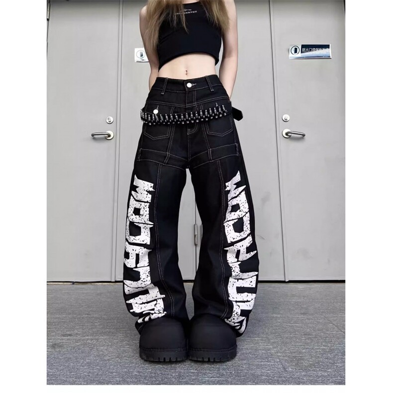 美式复古标语字母拼接牛仔裤男女辣妹宽松bf慵懒风弯刀裤潮NZX58,男装牛仔裤,星座516A