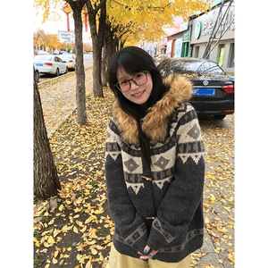 重磅北极绒座山雕大毛毛领毛衣外套冬美式复古休闲慵懒风针织开衫图片