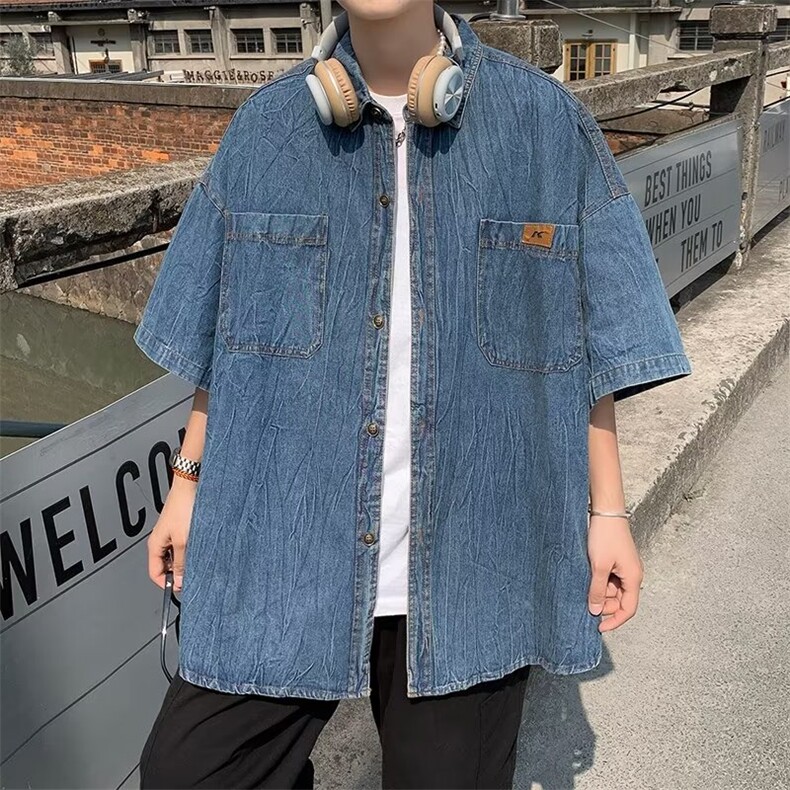 衬衫五分袖翻领青春流行牛仔布潮流文艺日常衬衫E715P46,男装衬衫,星座1116-2