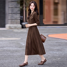 美拉德咖色长袖衬衫连衣裙女2025秋季新款单排扣收腰显瘦气质长裙，女装连衣裙，朵莱米