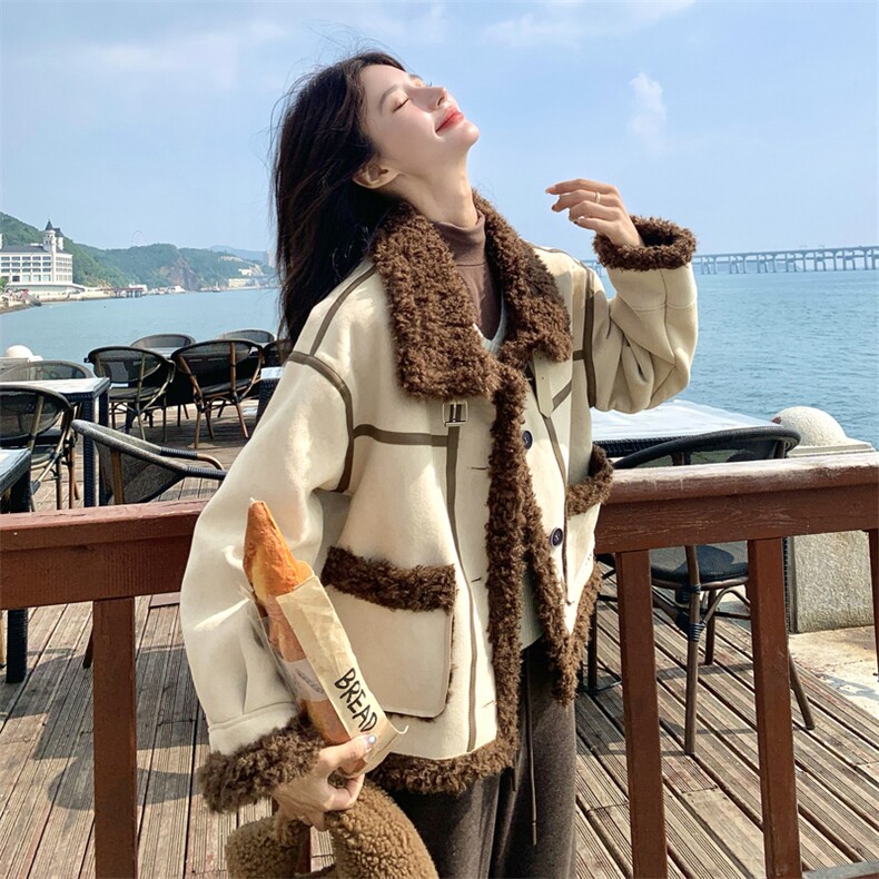 巨好看麂皮绒短外套女2025冬季新款韩系皮毛一体小个子羊羔毛棉服，女装棉衣/棉服，浙宝217